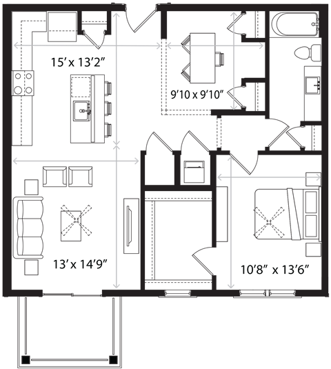 Floor plan for 1 bed, 1 bath, 1007 sqft